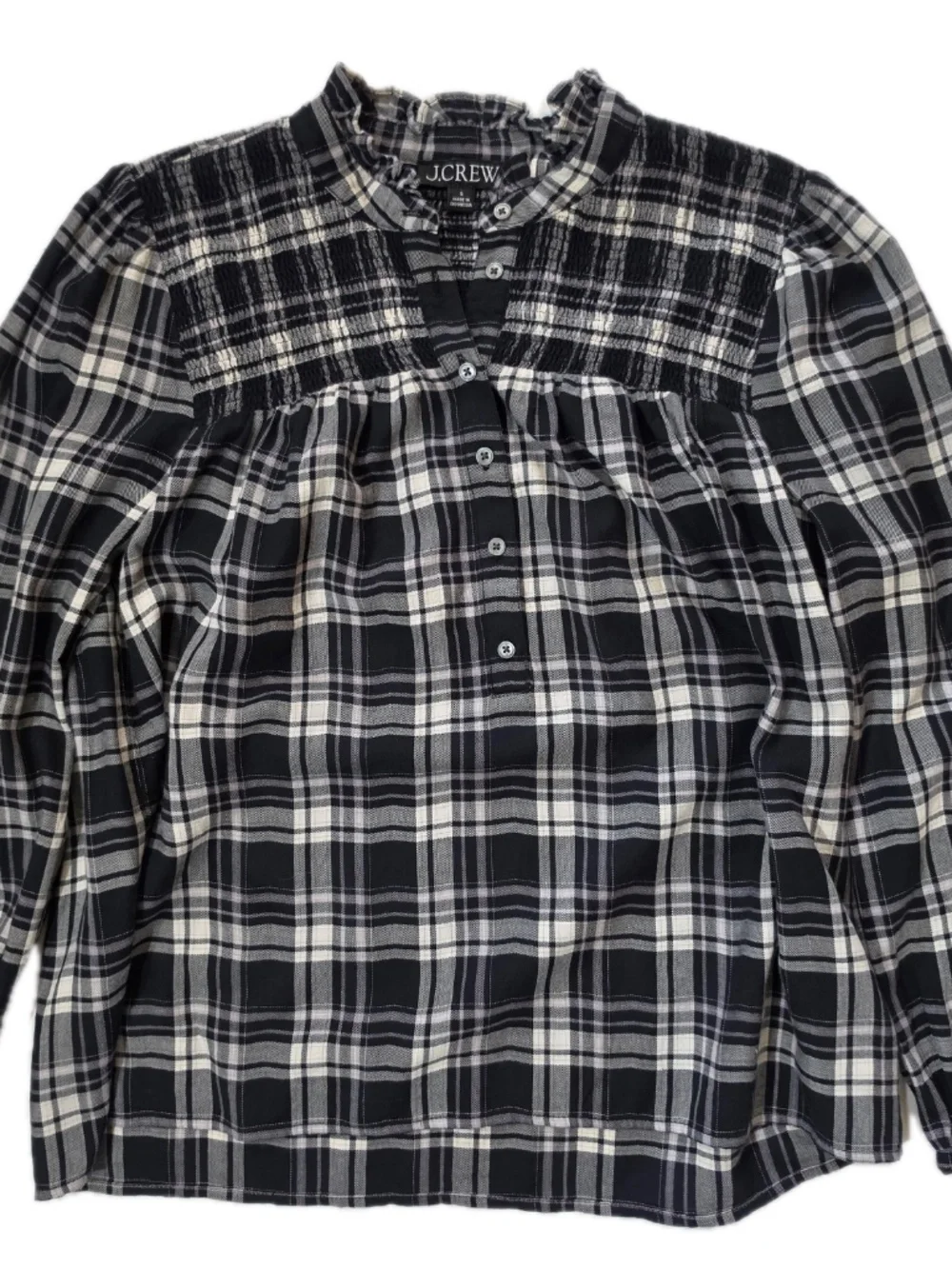 J.CREW Blouse Womens S‎ Black Tartan Plaid Mock Neck Long Sleeve Button Ruffle